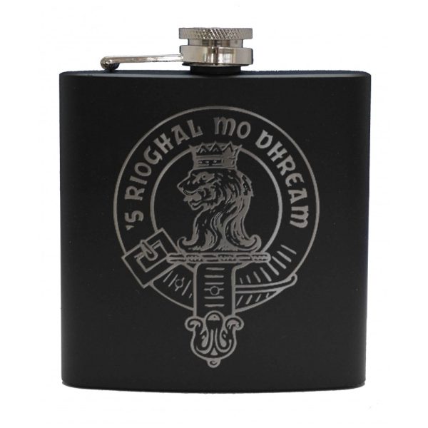 Matt Black Finish Stainless Steel Hip Flask  with your Clan Crest - 6oz