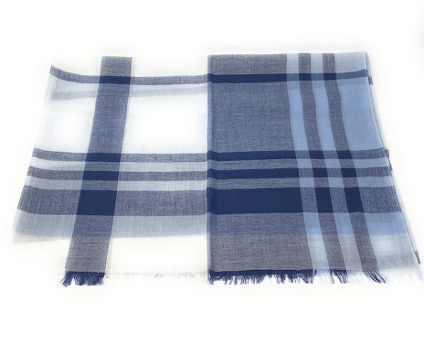 90% Wool 10% Cashmere Lightweight Oversized Scarf - Blue & White Check - V1 - Image 2