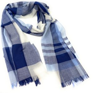 90% Wool 10% Cashmere Lightweight Oversized Scarf - Blue & White Check - V1