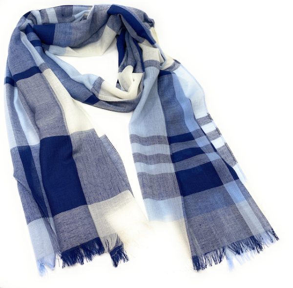 90% Wool 10% Cashmere Lightweight Oversized Scarf - Blue & White Check - V1