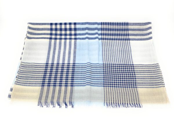 90% Wool 10% Cashmere Lightweight Oversized Scarf - Blue & White Check - V3 - Image 3