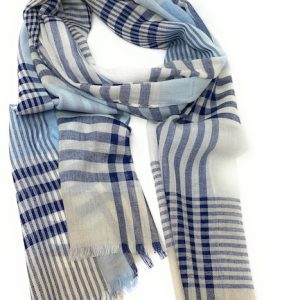 90% Wool 10% Cashmere Lightweight Oversized Scarf - Blue & White Check - V3