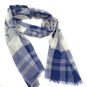 90% Wool 10% Cashmere Lightweight Oversized Scarf - Blue & White Check - V2