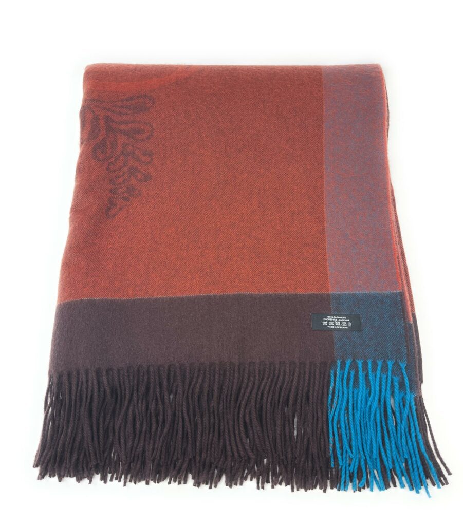 100% Pure Cashmere Throw/Blanket - Brown & Blue Intarsia Design